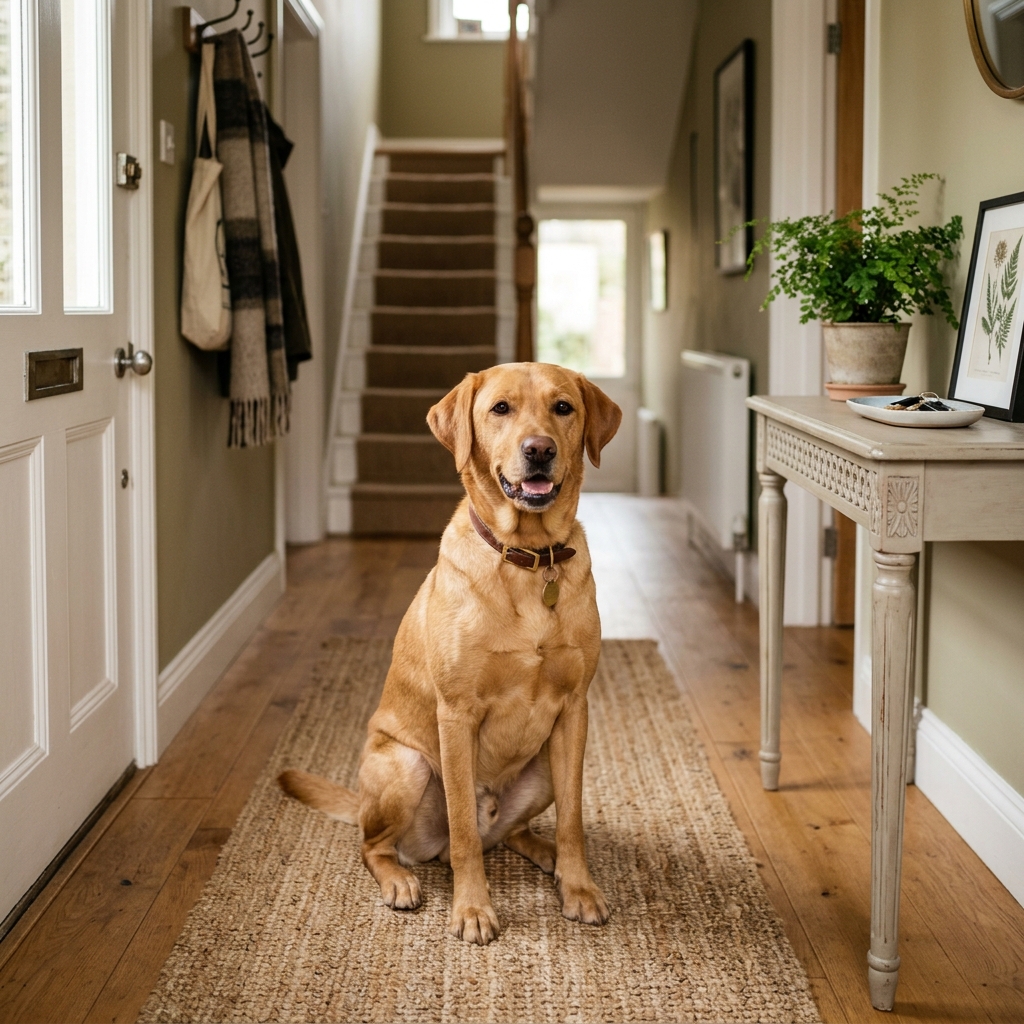 Dog sitting in hallway