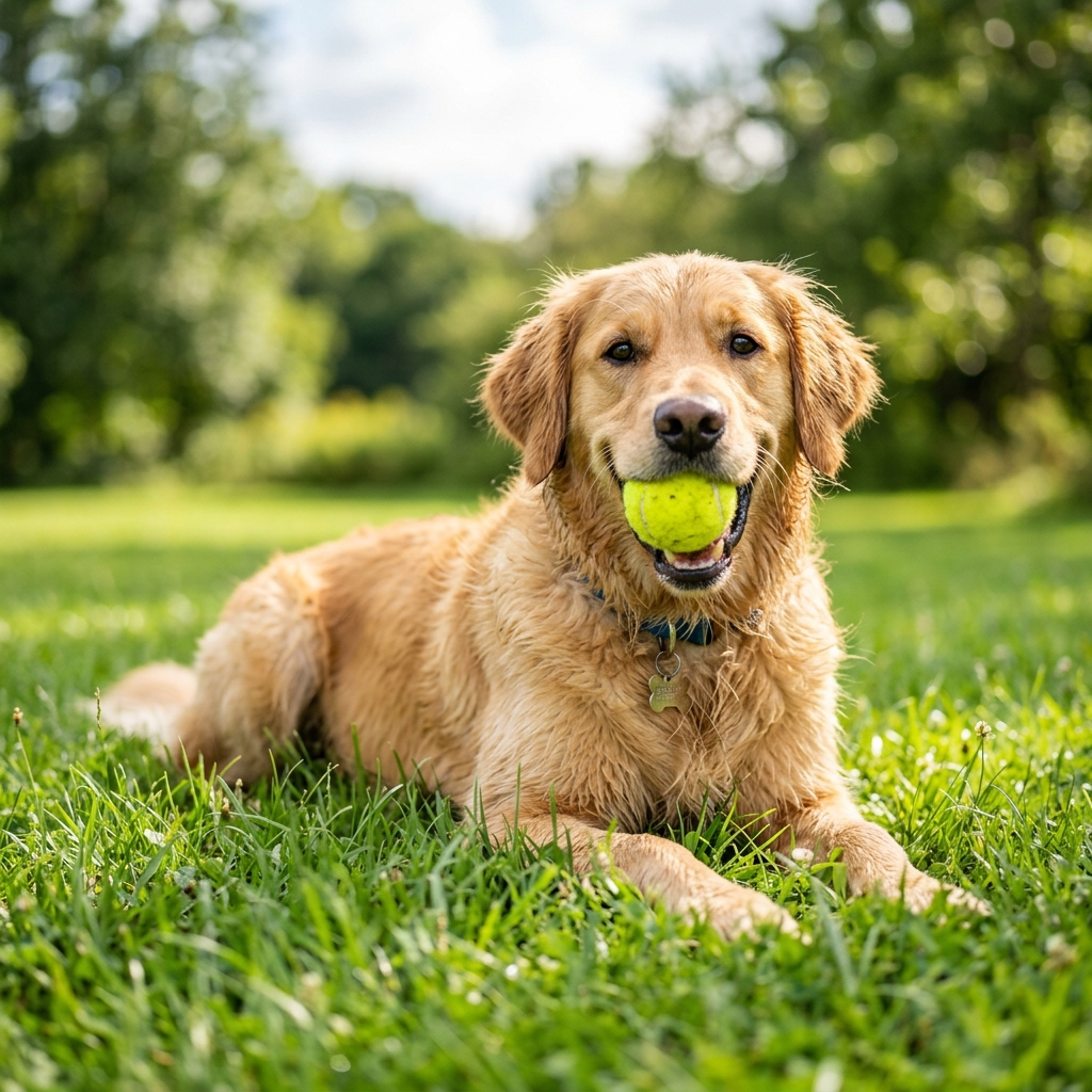 Happy dog with tennis ball